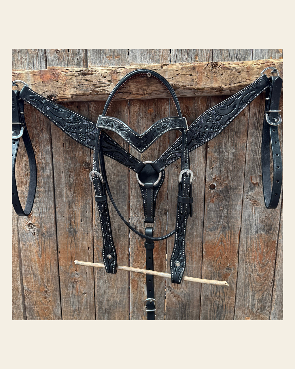 Floral Tooled Black Pony Tack Set #P5066BLK on a warm cream background