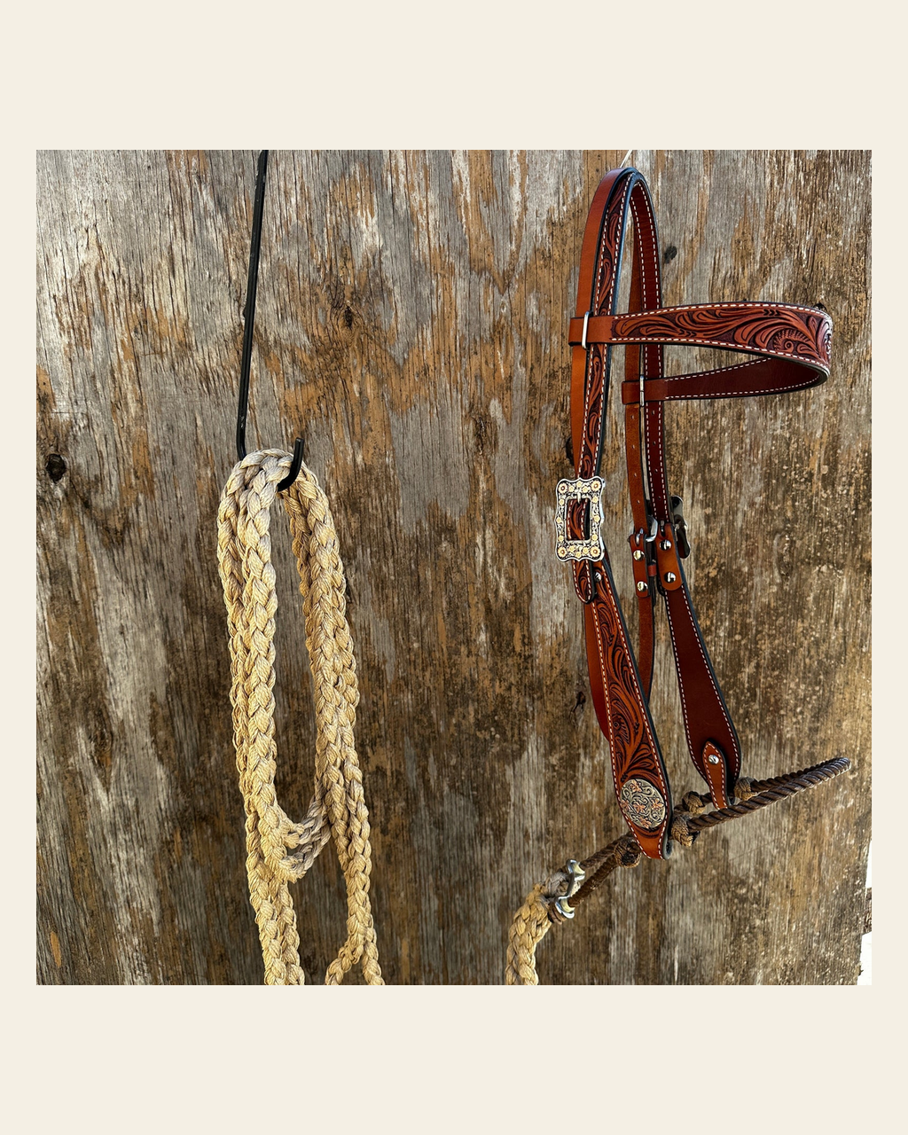 Floral Tooled Buckaroo Loping Hackamore #LHK102 on a warm cream background