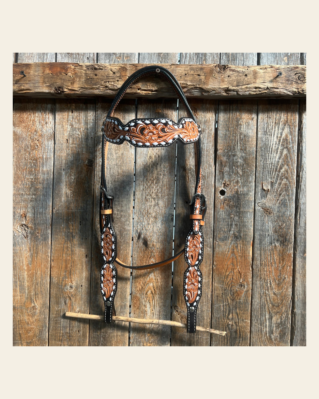 Floral Tooled Buckstitch Browband Headstall / Bridle on a warm cream background
