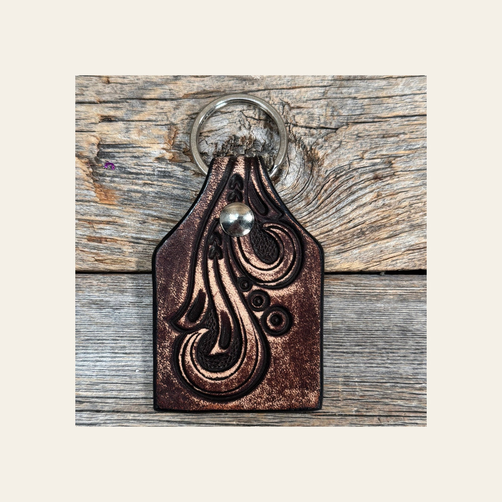 Floral Tooled Cow Tag Leather Key Chain