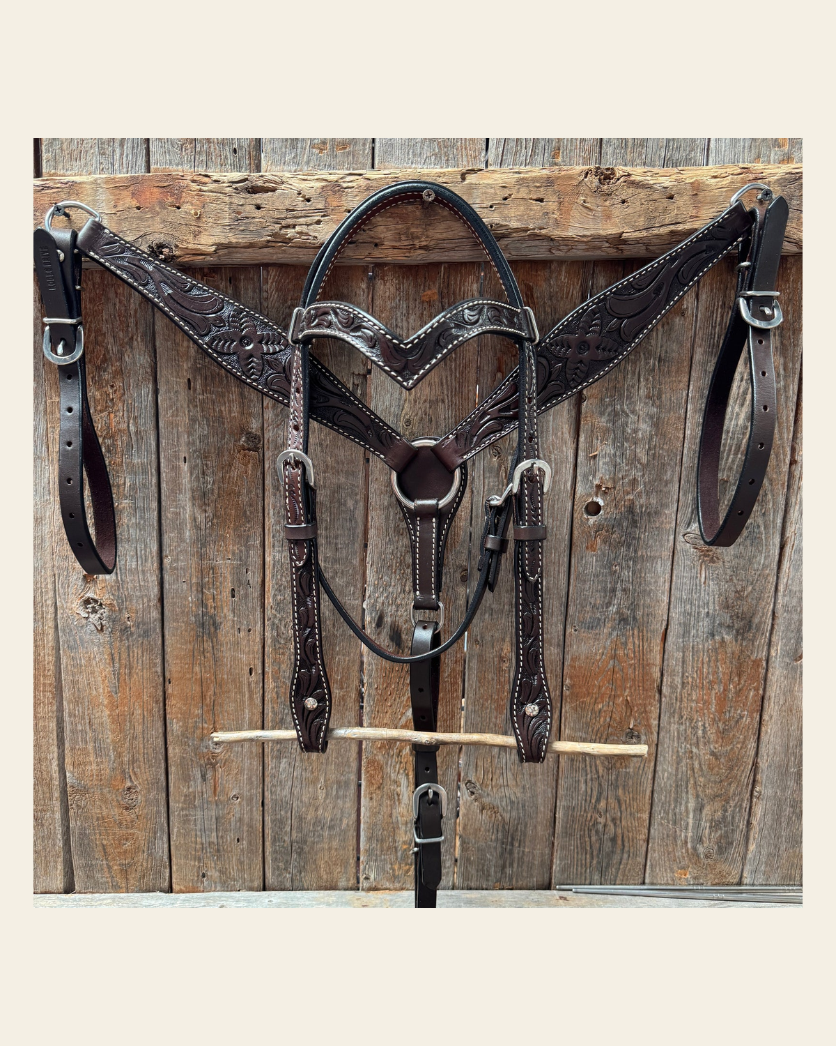 Floral Tooled Dark Oil Pony Tack Set #P5066DK on a warm cream background