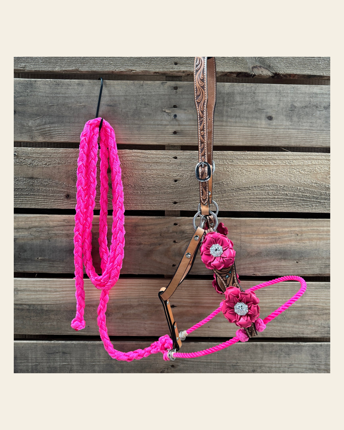 Floral Tooled Lariat & Leather Combo Halter #LH102 on a warm cream background