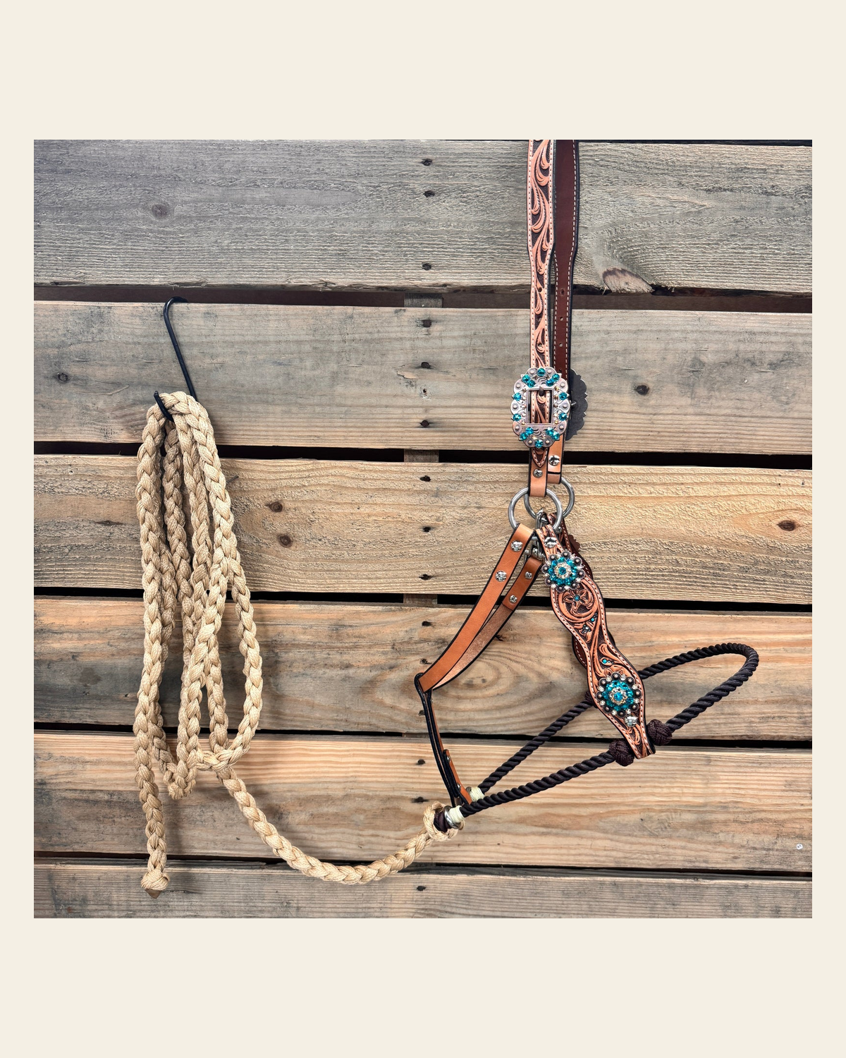 Floral Tooled Lariat & Leather Combo Halter #LH103 on a warm cream background