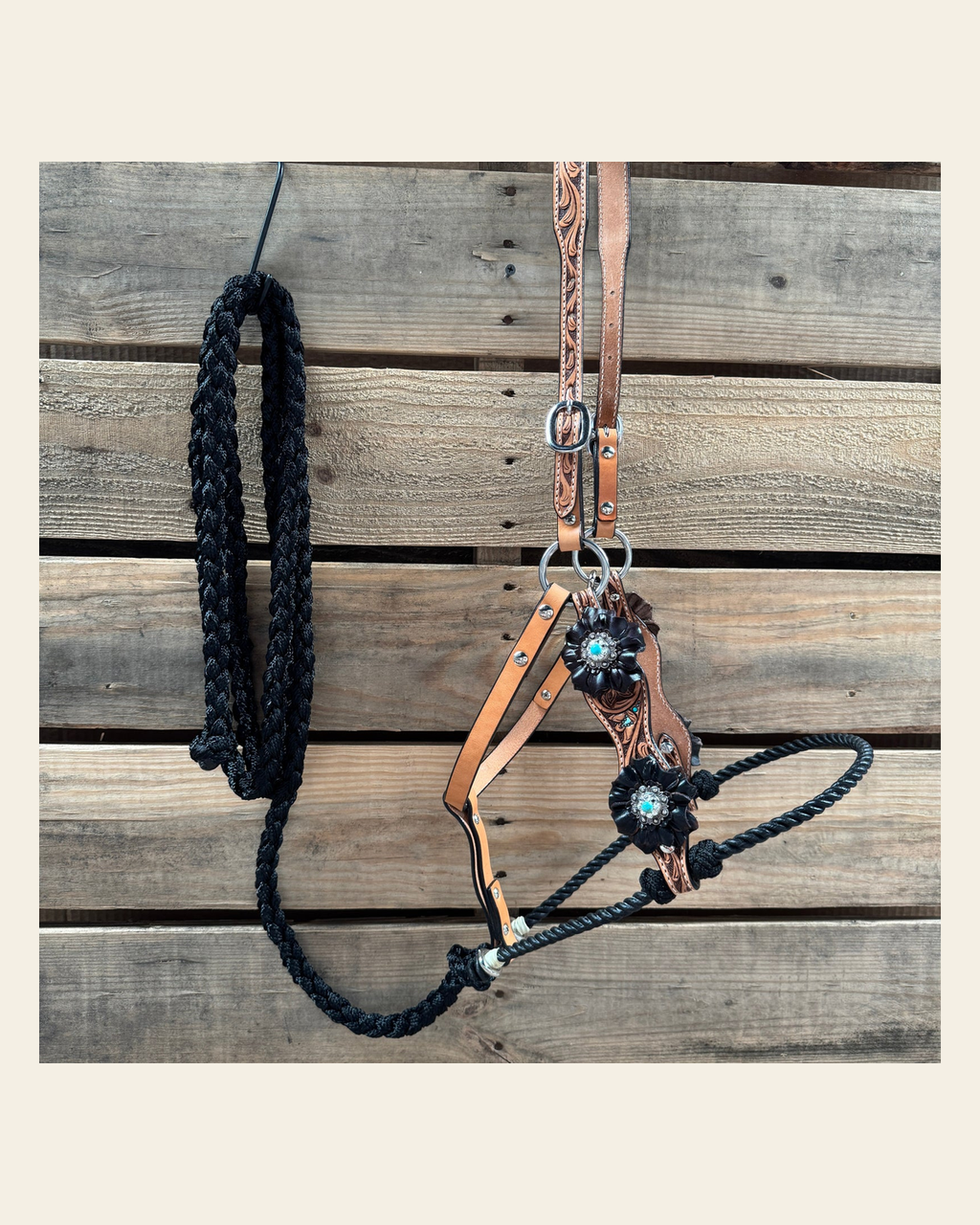 Floral Tooled Lariat & Leather Combo Halter #LH106 on a warm cream background