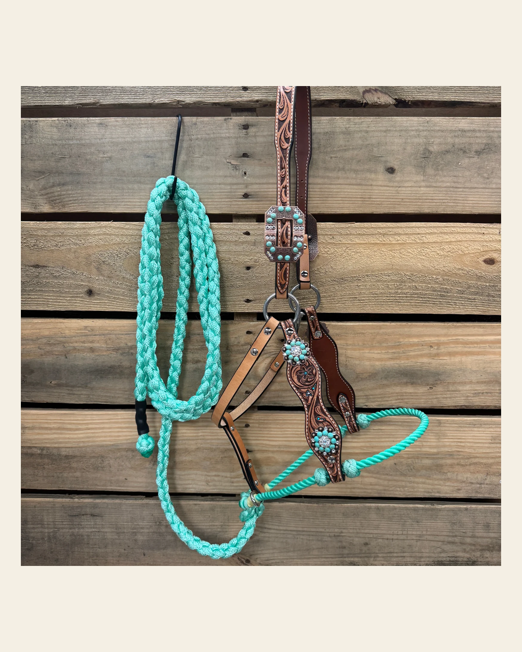 Floral Tooled Lariat & Leather Combo Halter #LH108 on a warm cream background