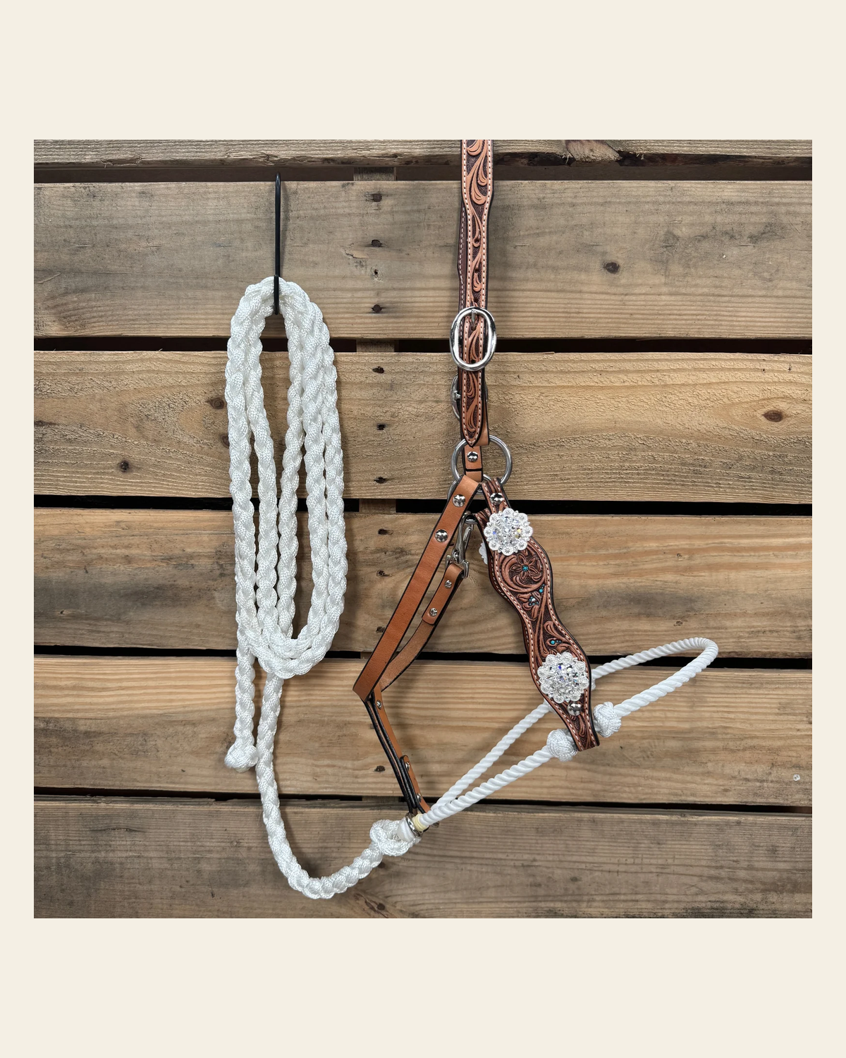 Floral Tooled Lariat & Leather Combo Halter #LH109 on a warm cream background