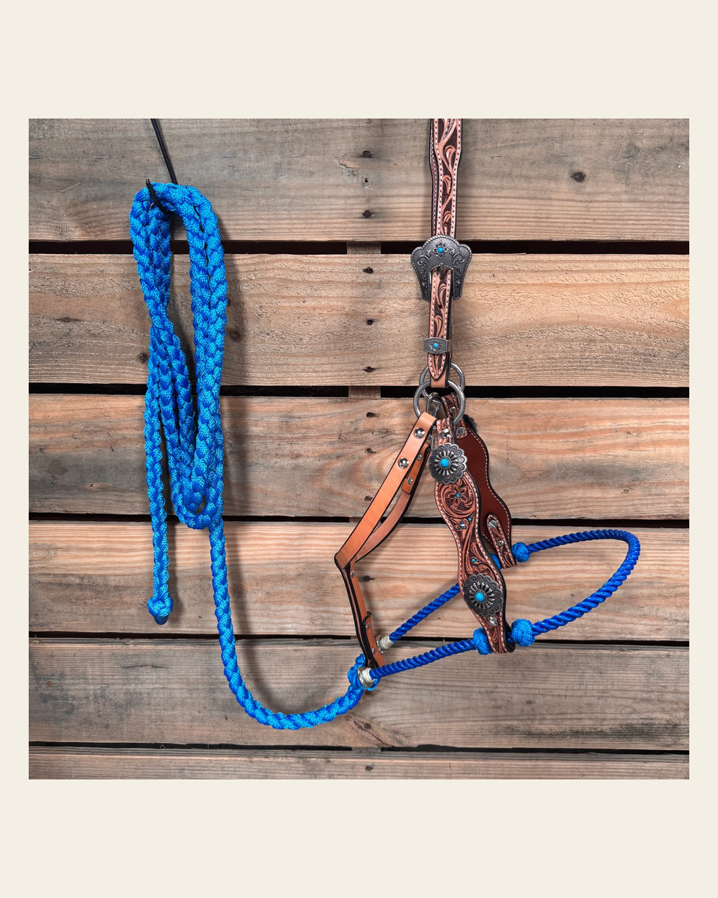 Floral Tooled Lariat & Leather Combo Halter #LH110 on a warm cream background