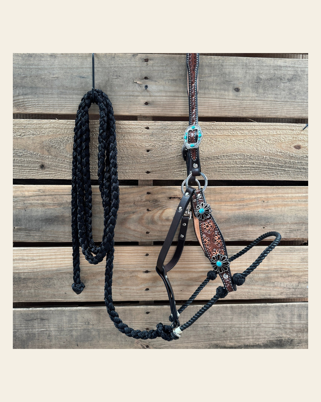 Flower Power Lariat & Leather Combo Halter #LH119 on a warm cream background
