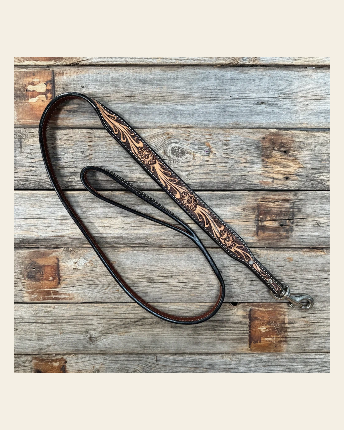 Floral Tooled Genuine Leather leash 4' x 1.25"wide on a warm cream background