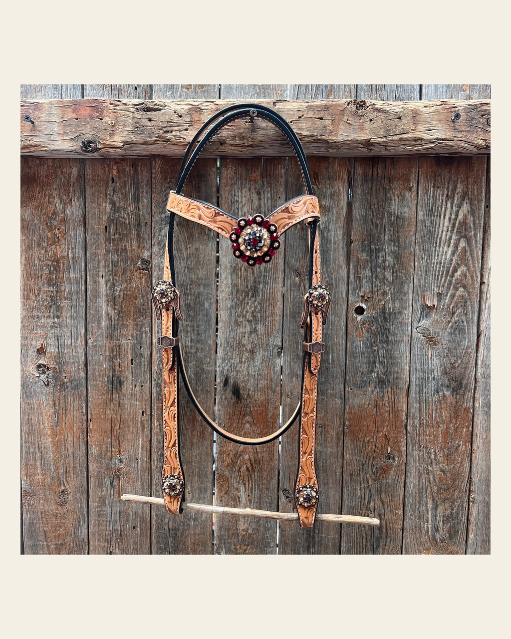 Floral Tooled V-Brow Headstall / Bridle #BB204 on a warm cream background
