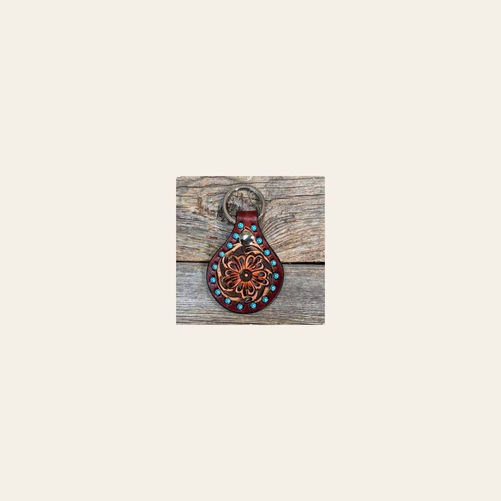 Floral Turquoise Studded Leather Key Chain