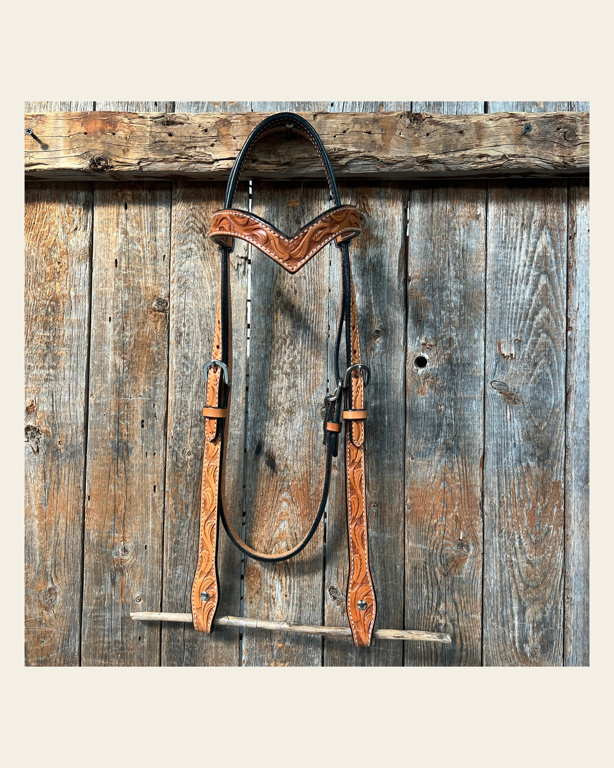 Floral V Browband Light Oil Headstall / Bridle on a warm cream background