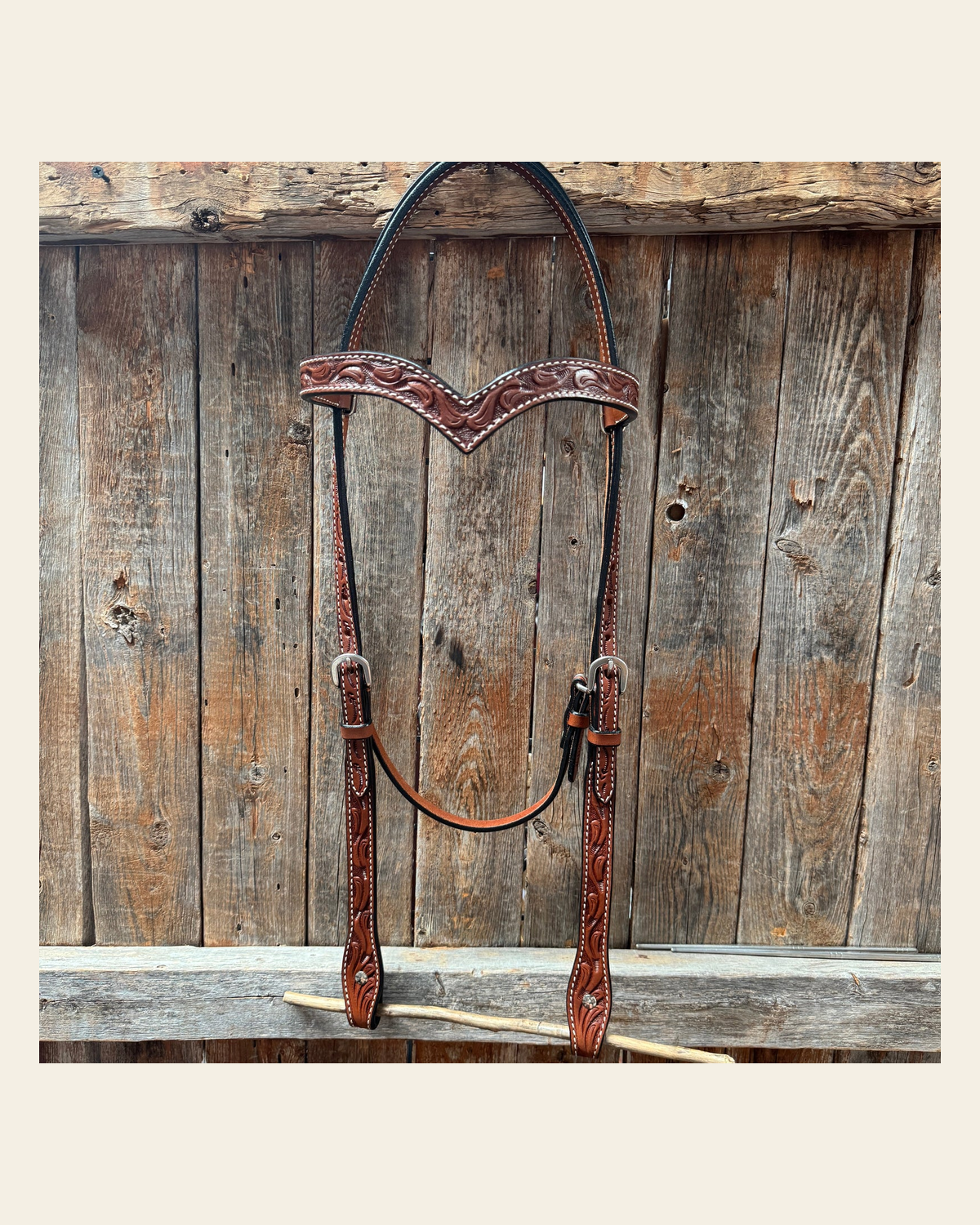 Floral V Browband Medium Oil Draft Headstall / Bridle on a warm cream background