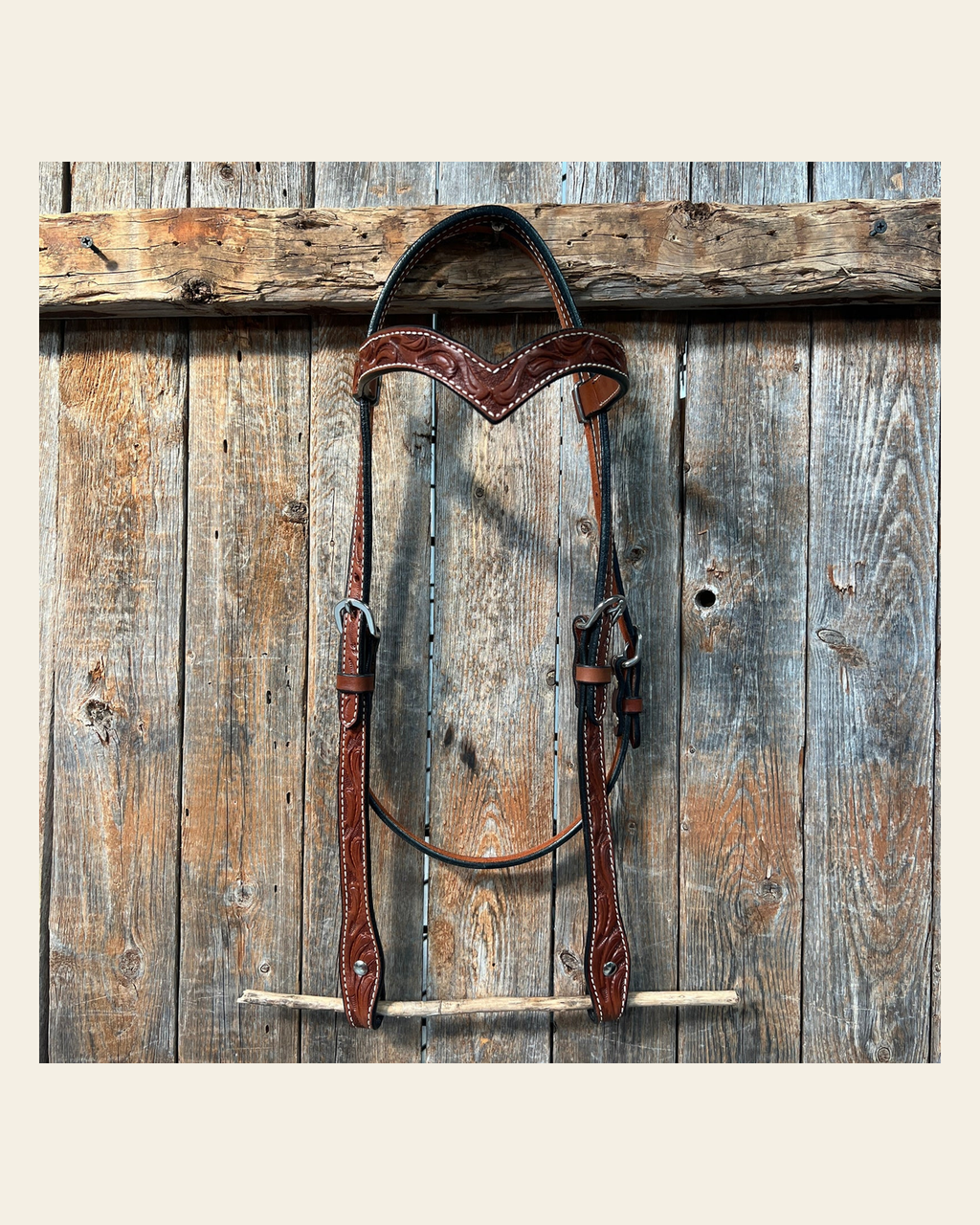 Floral V Browband Medium Oil Headstall / Bridle on a warm cream background