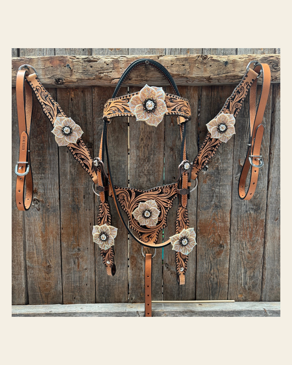 Floral Whipstitch Champagne and Clear Browband - Triangle / Gladiator Breastcollar Tack Set #BBBC462 on a warm cream background