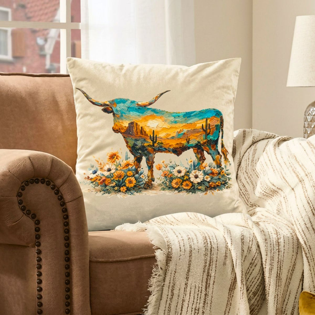 Baha Ranch Velvety Soft Painted Longhorn Pillow Cover Made in America by Baha Ranch Western Wear