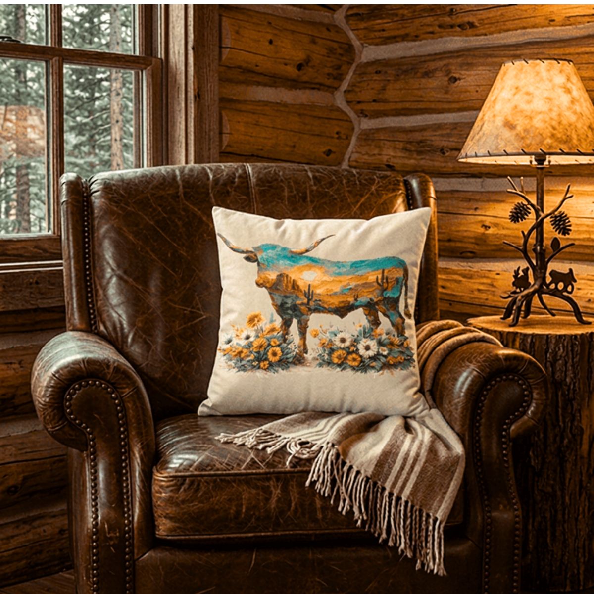 Baha Ranch Velvety Soft Painted Longhorn Pillow Cover Made in America by Baha Ranch Western Wear - product image 2