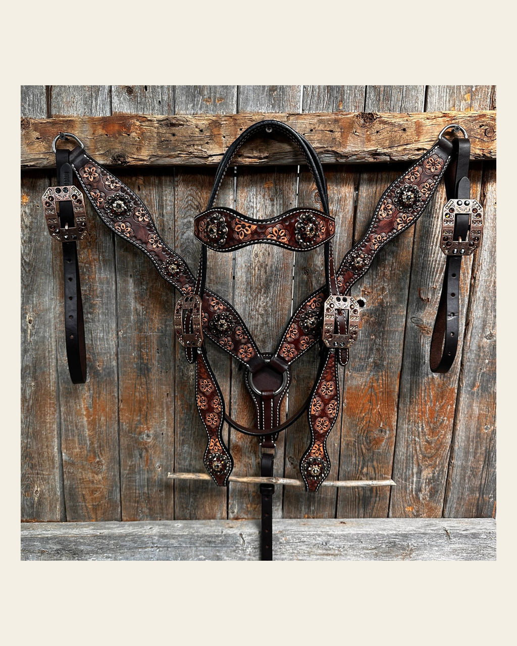 Flower Power and Chocolate Browband/One Ear Headstall & Breastcollar Tack Set #BBBC588 on a warm cream background