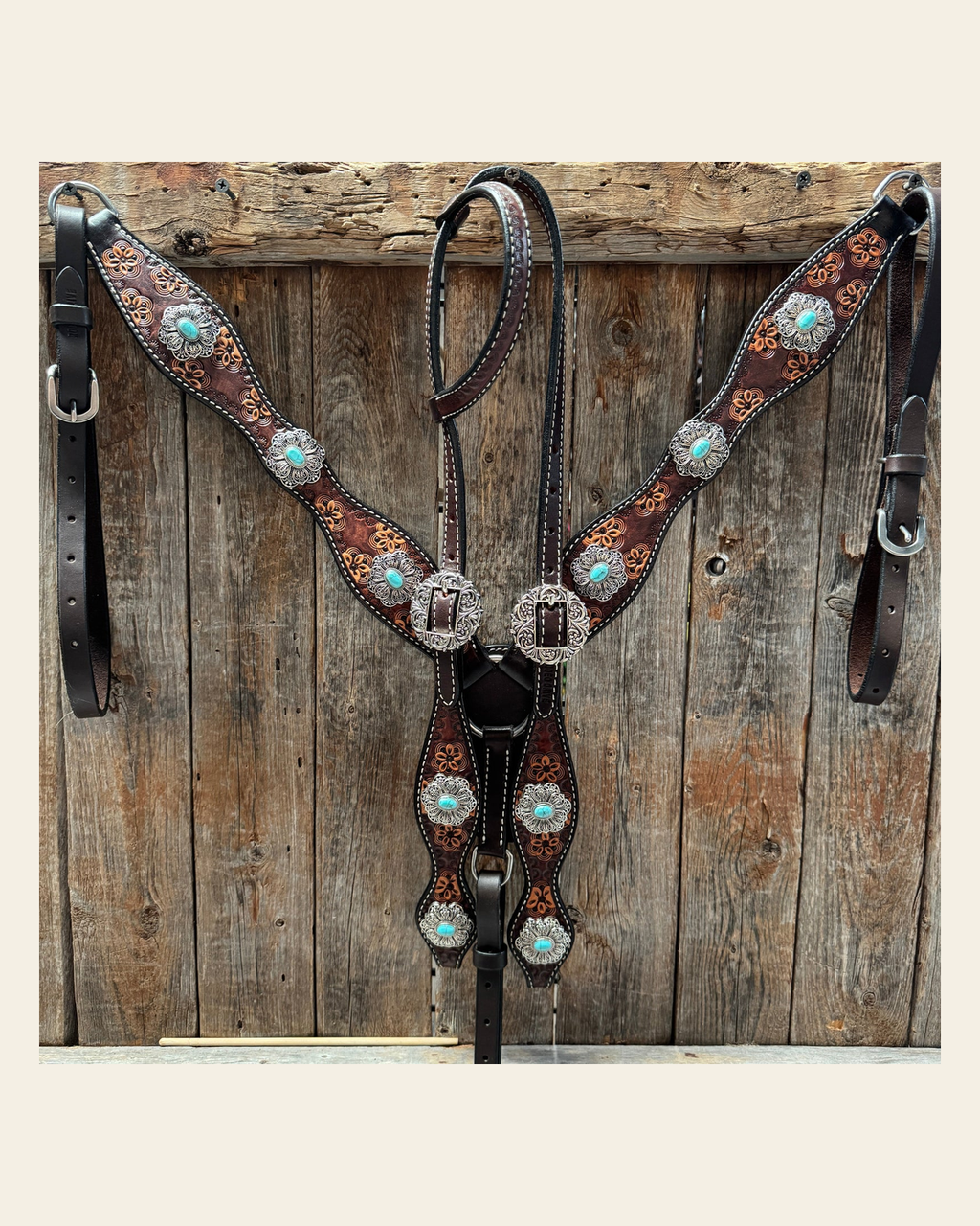 Flower Power Antique Silver and Turquoise One Ear Headstall & Breastcollar Tack Set #OEBC429 on a warm cream background
