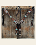 Flower Power Antique Silver and Turquoise One Ear Headstall & Breastcollar Tack Set #OEBC429 on a warm cream background