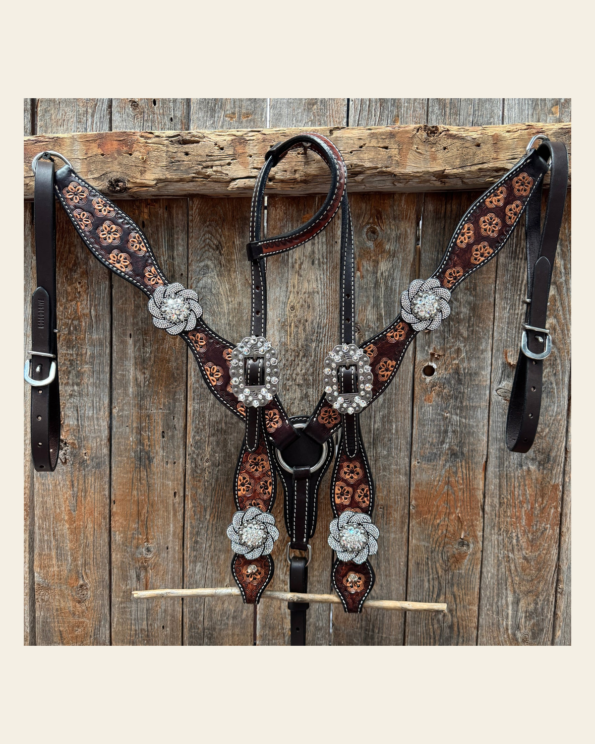 Flower Power Black and Clear One Ear Headstall & Breastcollar Tack Set #OEBC656 on a warm cream background