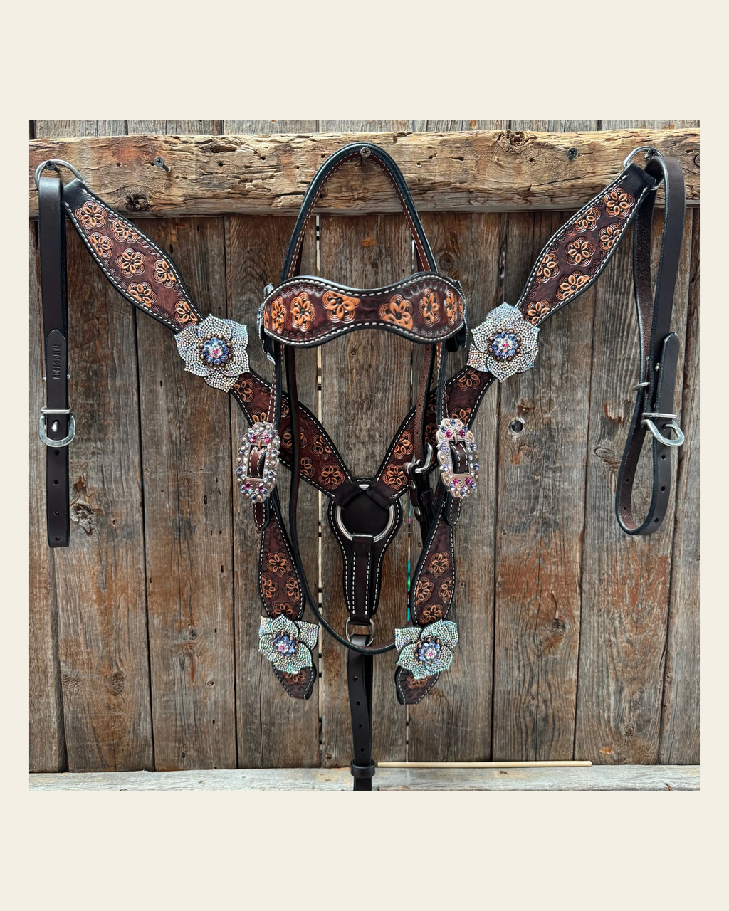 Flower Power Fuchsia, AB and Lilac Browband Headstall & Breastcollar Tack Set #BBBC466 on a warm cream background