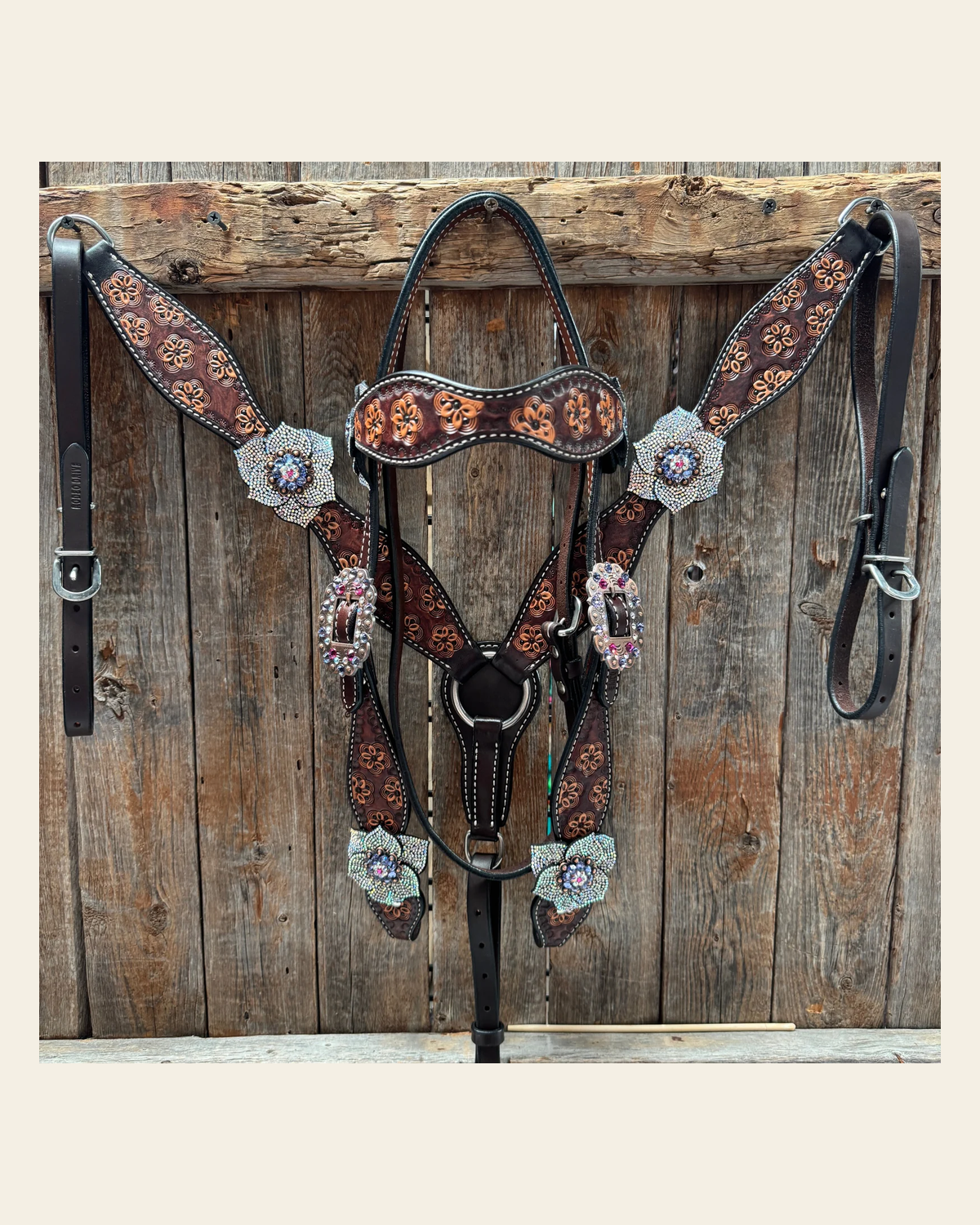 Flower Power Fuchsia, AB and Lilac Browband Headstall & Breastcollar Tack Set #BBBC466 on a warm cream background