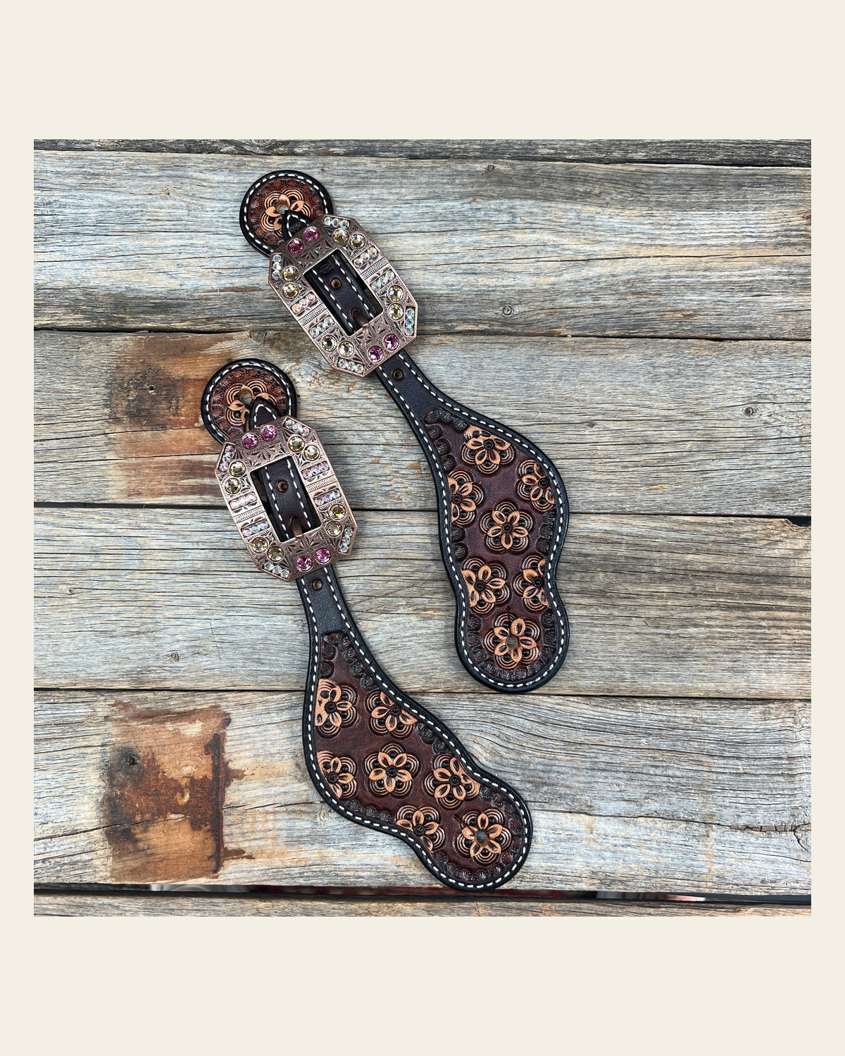 Flower Power Pink, Champagne, AB Spur Straps #SS126 on a warm cream background