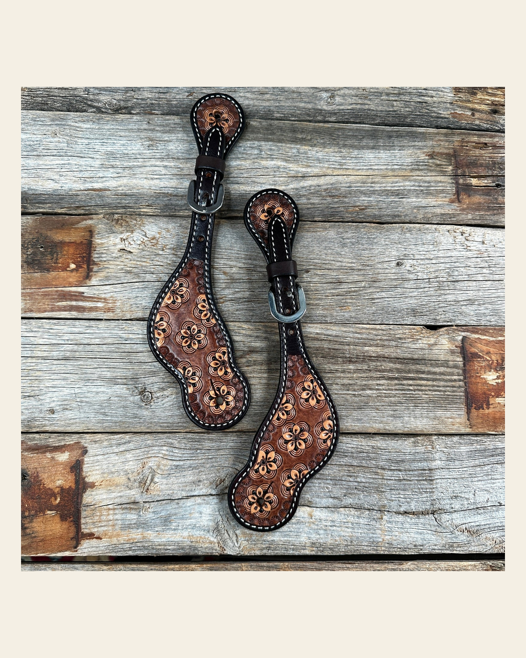 Flower Power Spur Straps on a warm cream background