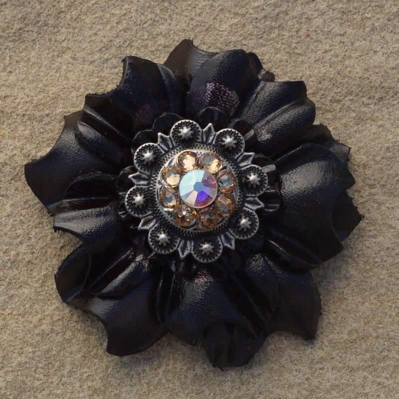 Black Carnation Flower With Antique Silver Champagne & AB 1" Concho
