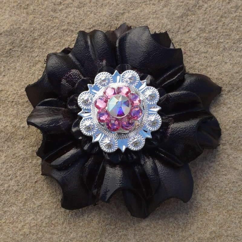 Black Carnation Flower With Bright Silver Pink & AB 1" Concho