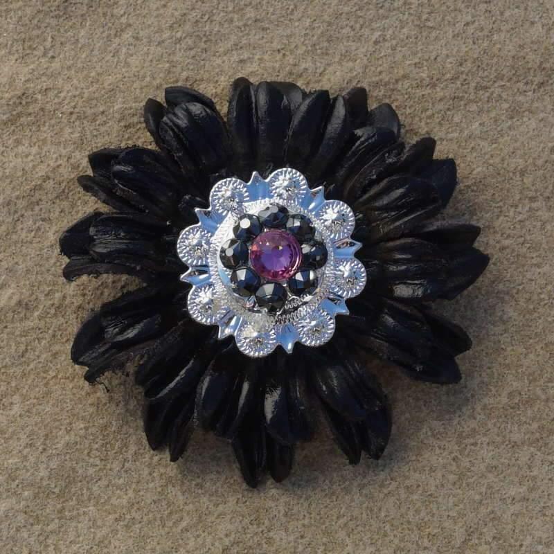 Black Daisy Flower With Bright Silver Pink & Jet 1" Concho