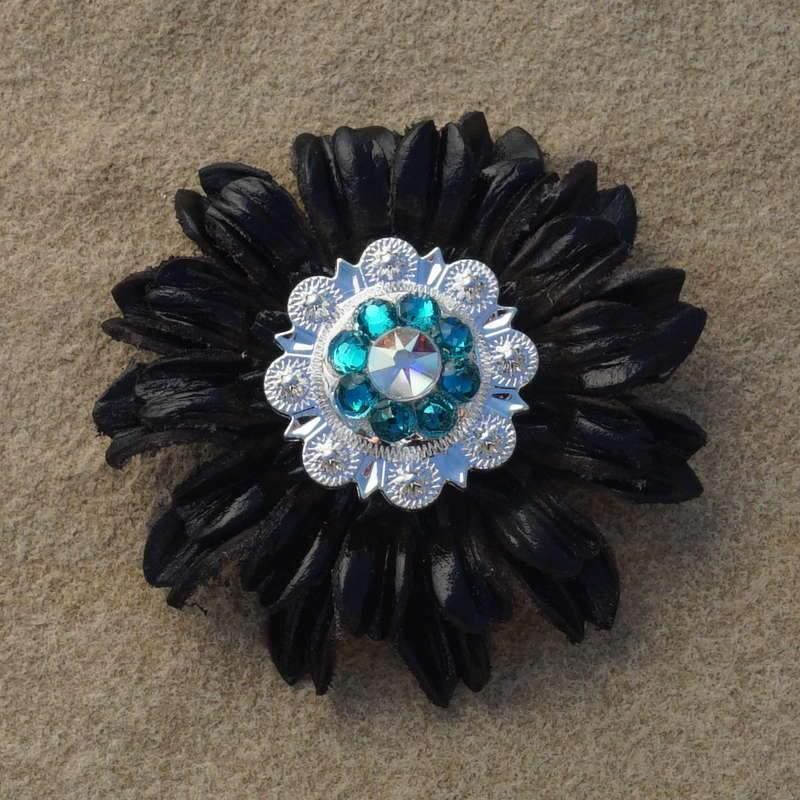 Black Daisy Flower With Bright Silver Teal & AB 1" Concho
