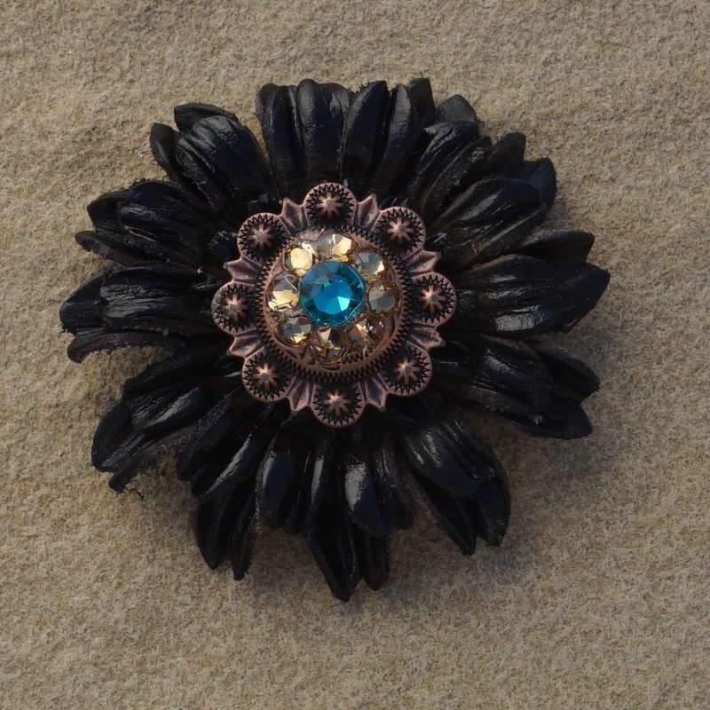 Black Daisy Flower With Copper Topaz & Champagne 1" Concho