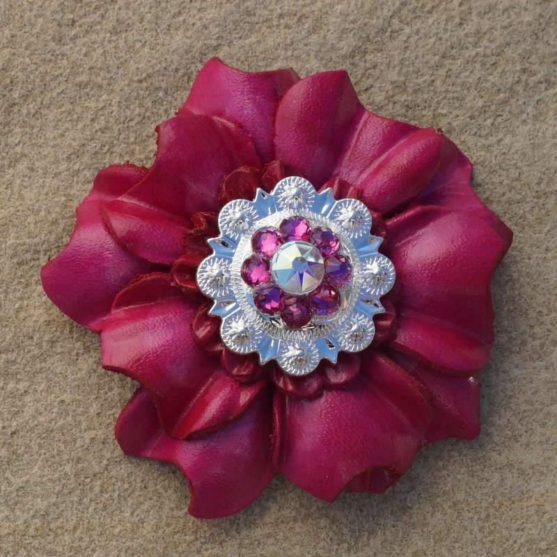 Hot Pink Carnation Flower With Bright Silver Fuchsia & AB 1" Concho
