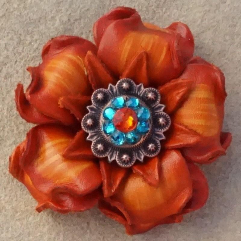 Orange Gardenia Flower With Copper Fire Opal & Teal 1" Concho
