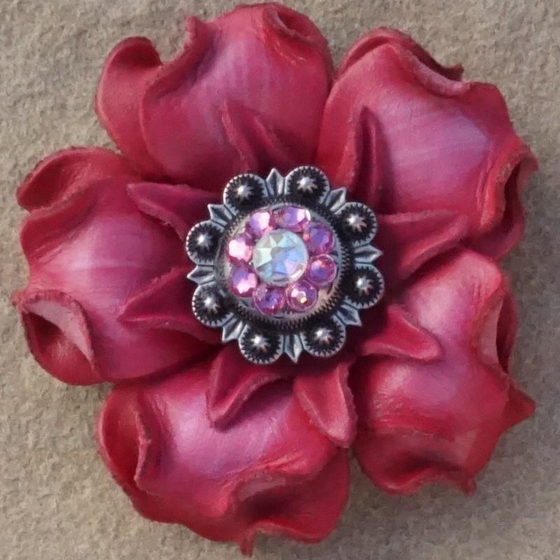 Pink Gardenia Flower With Antique Silver Pink & AB 1" Concho