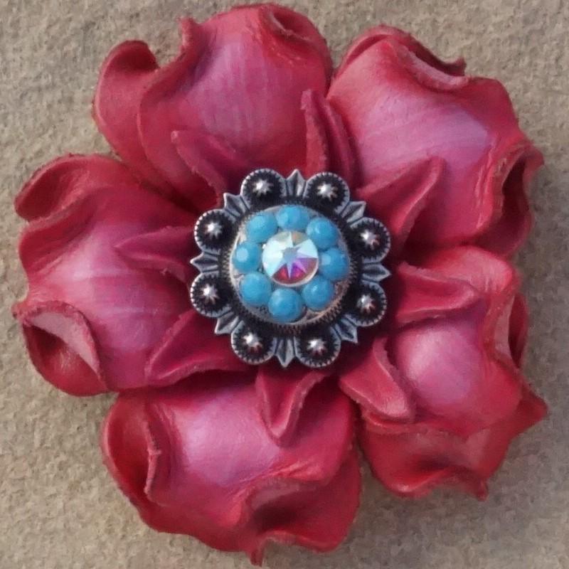 Pink Gardenia Flower With Antique Silver Turquoise & AB 1" Concho