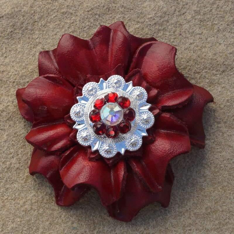 Red Carnation Flower With Bright Silver Ruby & AB 1" Concho