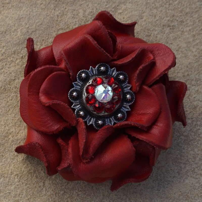 Red Rose Flower With Antique Silver Red & AB 1" Concho