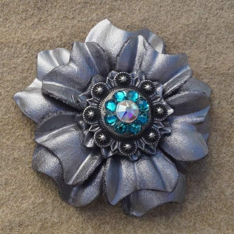 Silver Carnation Flower With Antique Silver Teal & AB 1" Concho