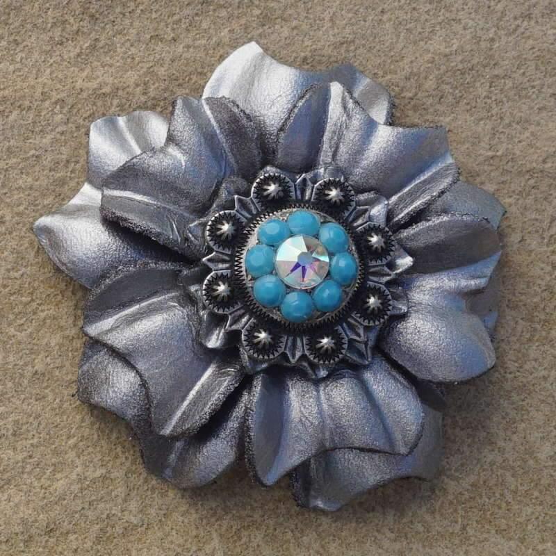 Silver Carnation Flower With Antique Silver Turquoise & AB 1" Concho