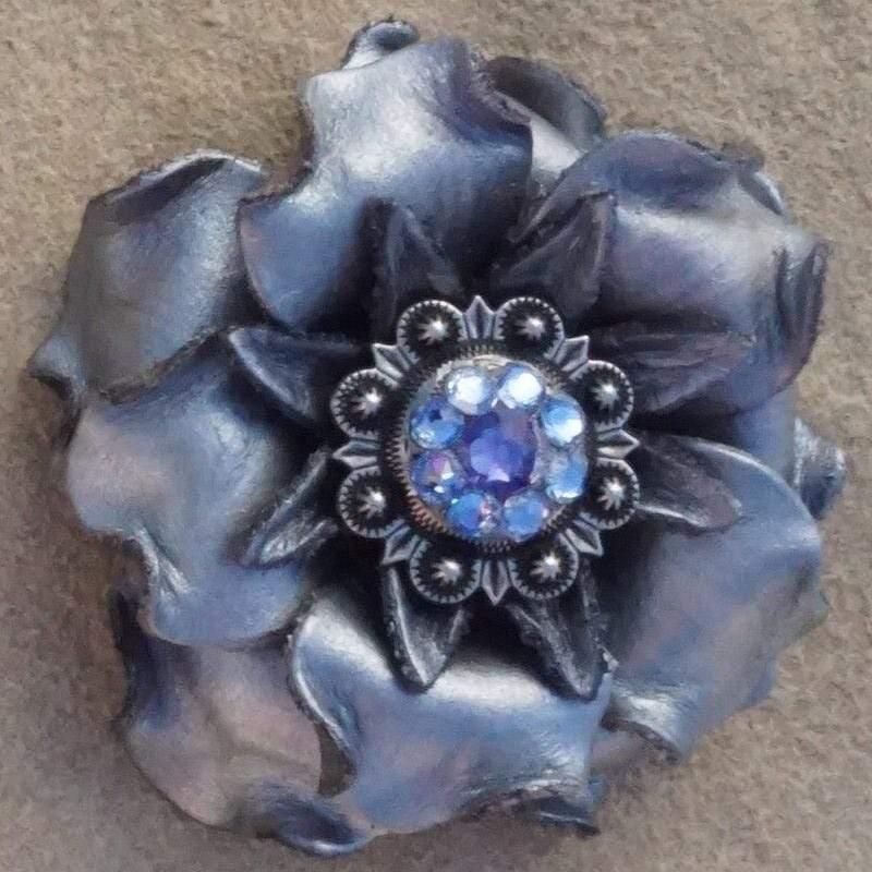 Silver Gardenia Flower With Antique Silver Light Sapphire & Lilac 1" Concho