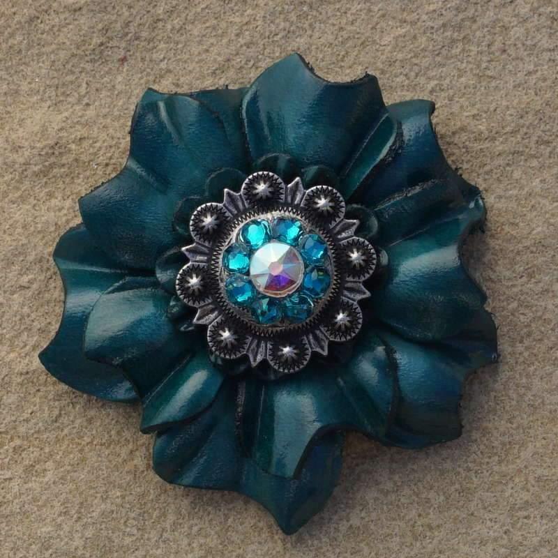 Teal Carnation Flower With Antique Silver Teal & AB 1" Concho