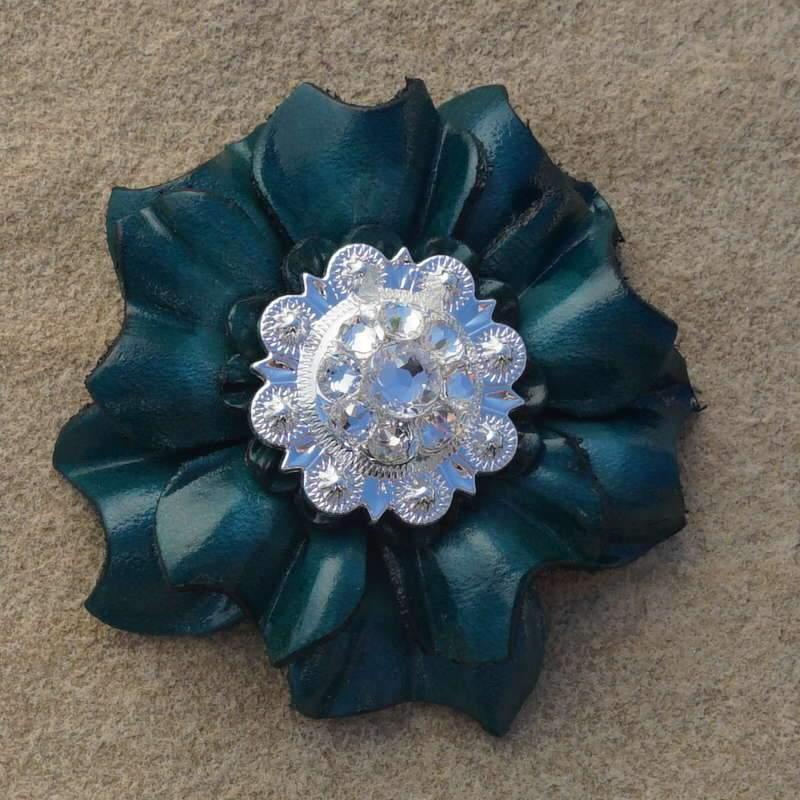 Teal Carnation Flower With Bright Silver Clear 1" Concho