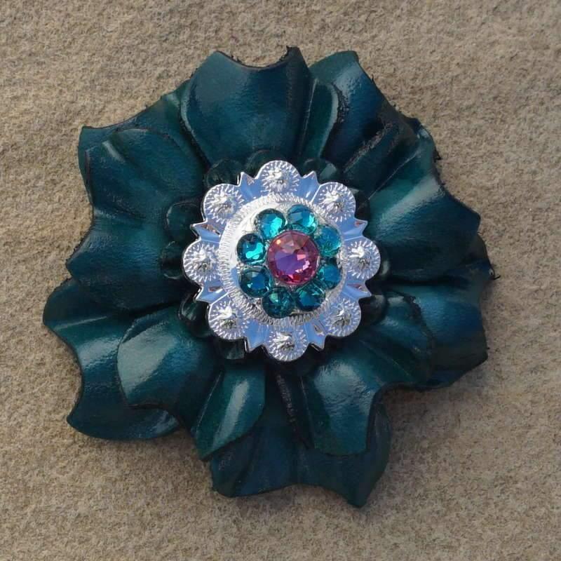 Teal Carnation Flower With Bright Silver Pink & Teal 1" Concho