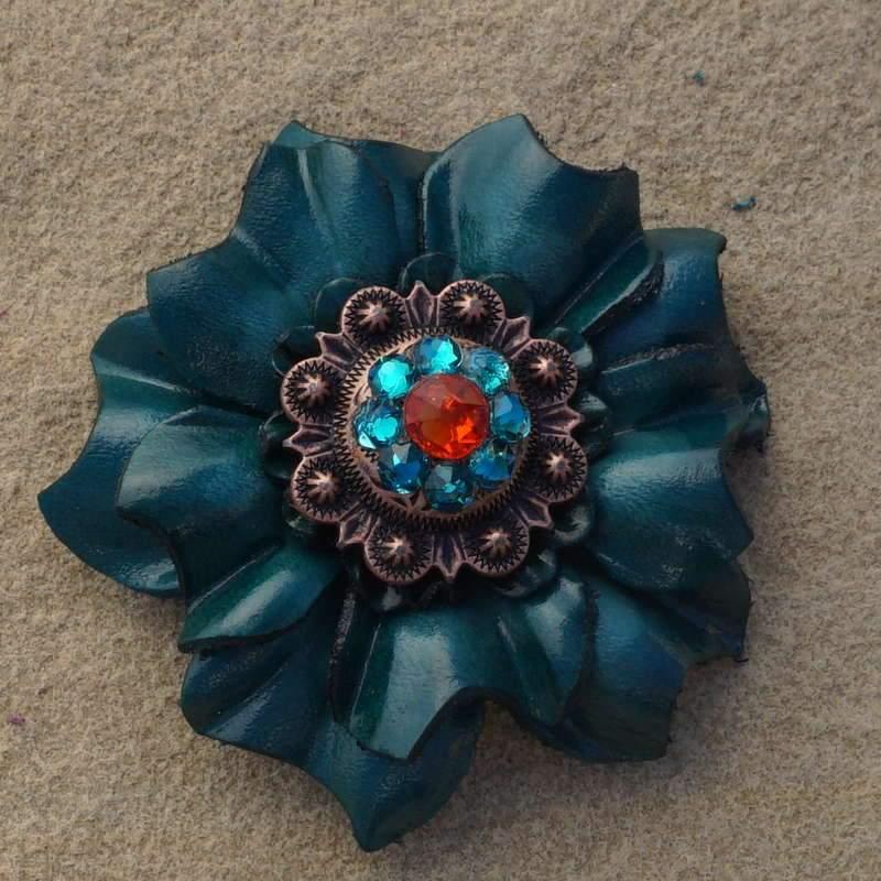 Teal Carnation Flower With Copper Fire Opal & Teal 1" Concho
