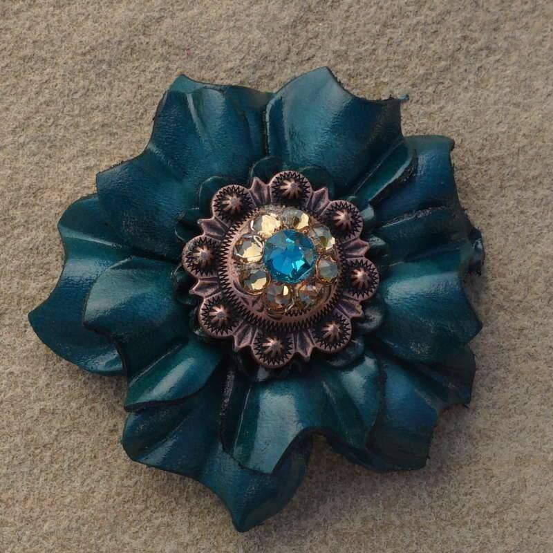 Teal Carnation Flower With Copper Teal & Champagne 1" Concho