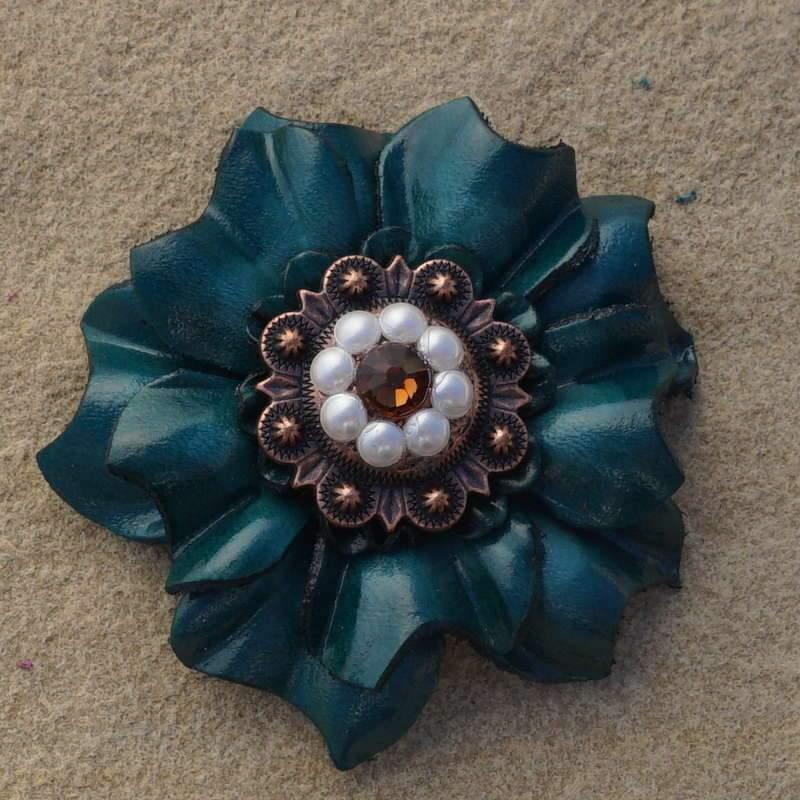 Teal Carnation Flower With Copper Topaz & Pearl 1" Concho