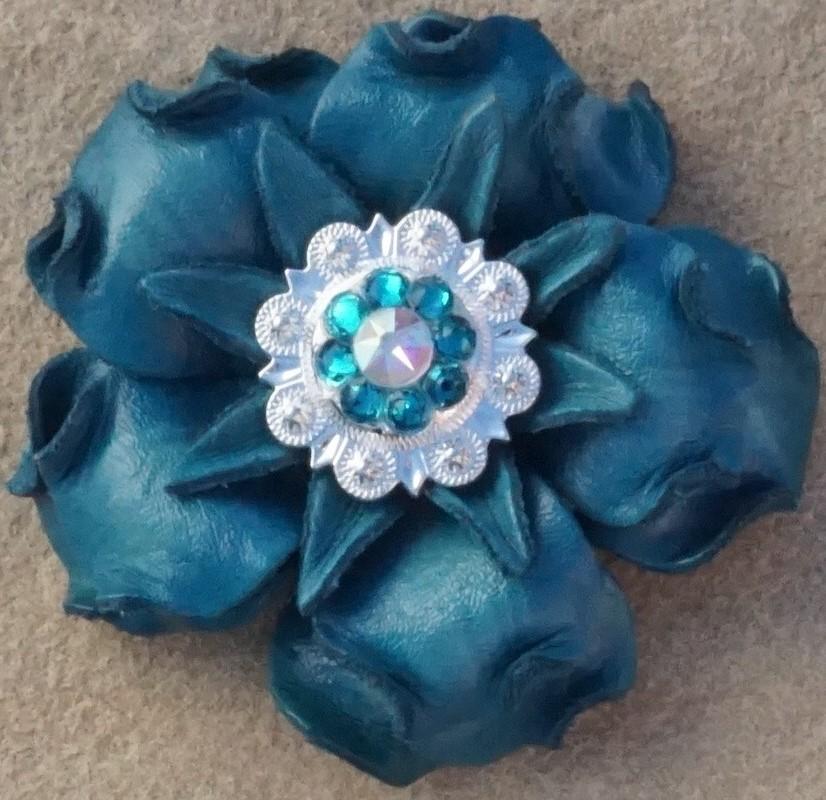 Turquoise Gardenia Flower With Bright Silver Teal & AB 1" Concho